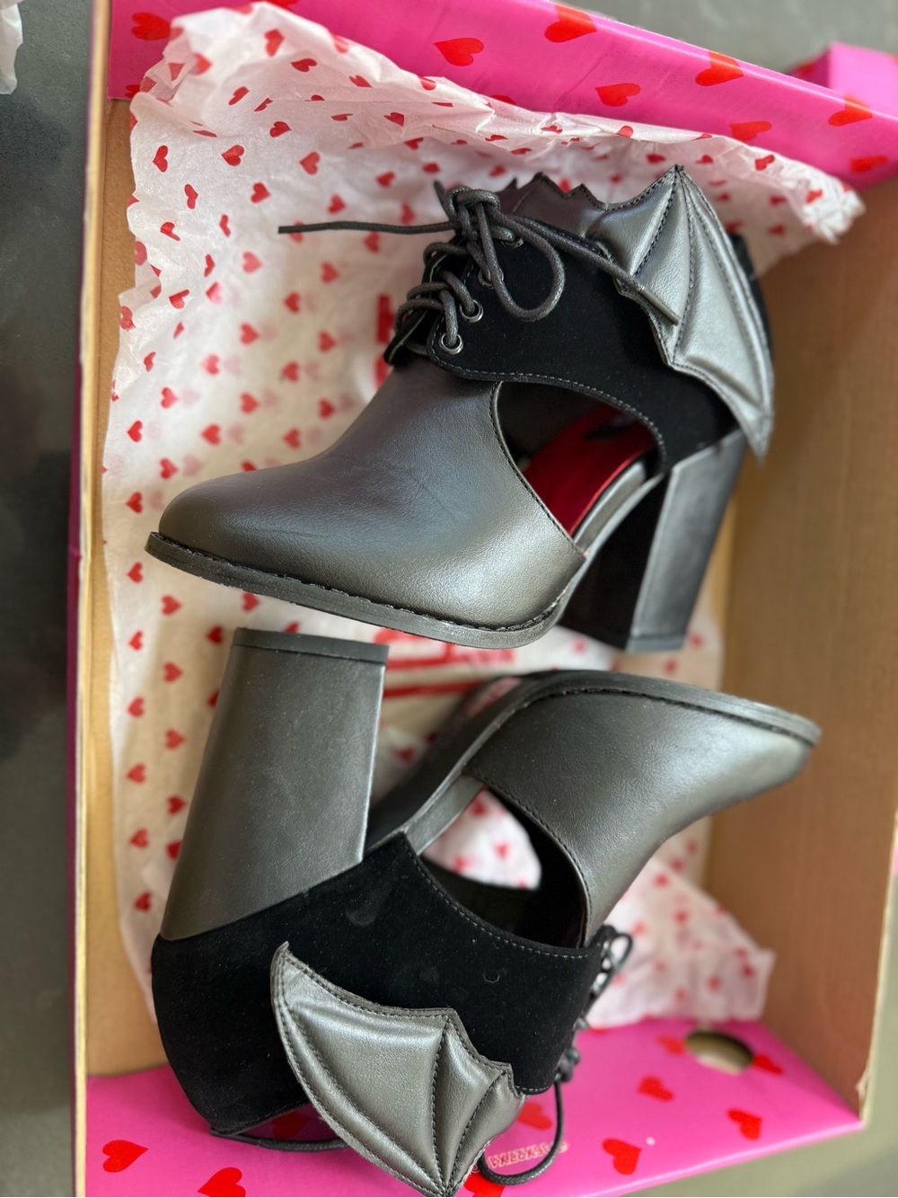 Iron Fist Black Bat Wing Lace-Up Block Heels